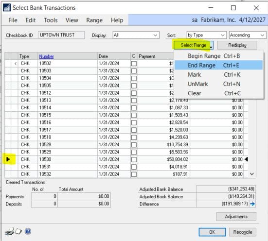 clear bank transaction range in GP