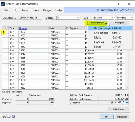 gp begin range bank transactions