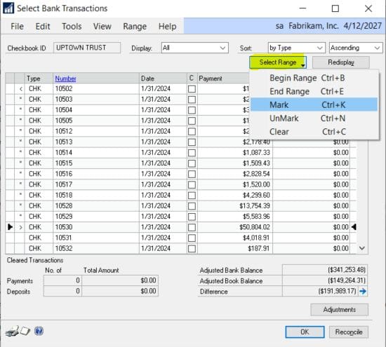 gp mark bank transactions