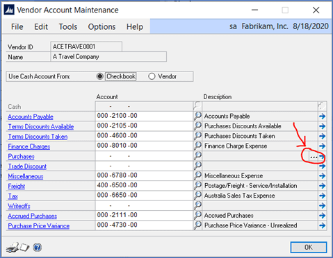 assign multiple default purchase accounts for vendors in gp