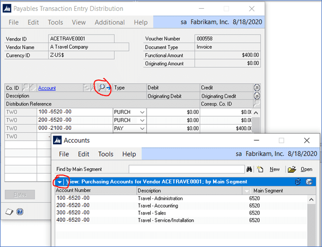 viewing vendor's default purchase accounts in gp