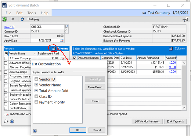 payables edit payment batch left-hand columns