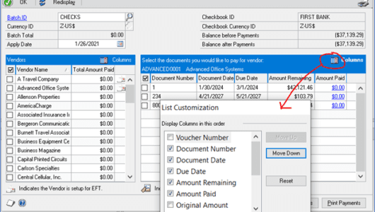 edit payment batch in GP - right hand column