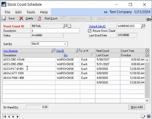 GP stock count schedule update