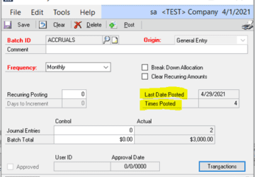 GP recurring journal entries