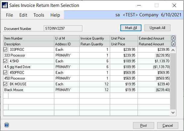 select items to be returned