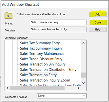 add window shortcut