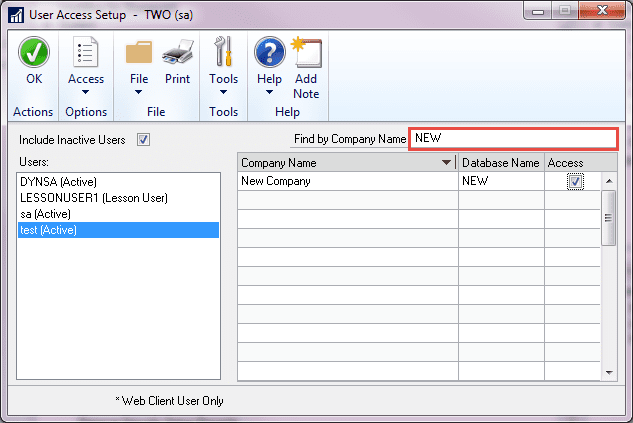 user access setup by company name