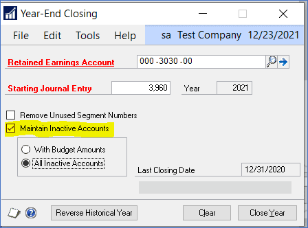 Inactive accounts and year-end close
