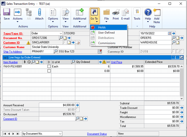 GP sales transaction entry